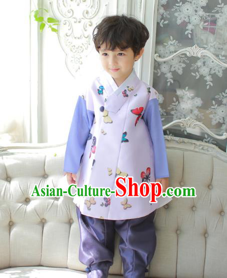 Asian Korean National Traditional Handmade Formal Occasions Boys Printing Butterfly Lilac Vest Hanbok Costume Complete Set for Kids