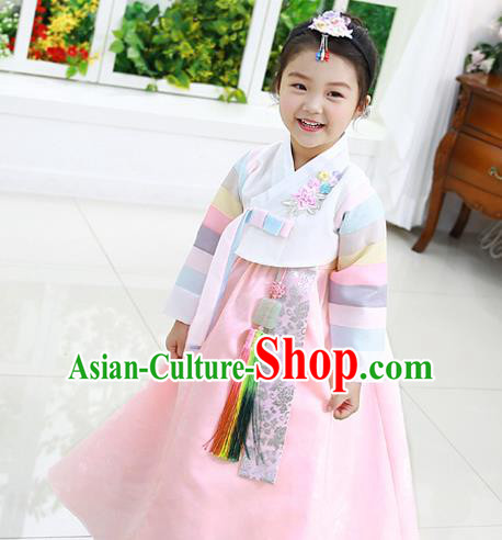 Traditional Korean National Handmade Formal Occasions Girls Clothing Palace Hanbok Costume Embroidered White Blouse and Pink Dress for Kids