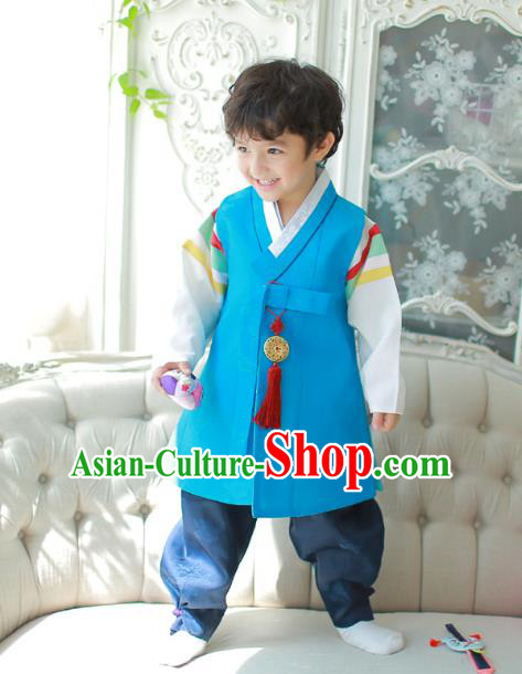 Asian Korean National Traditional Handmade Formal Occasions Boys Embroidered Blue Vest Hanbok Costume Complete Set for Kids