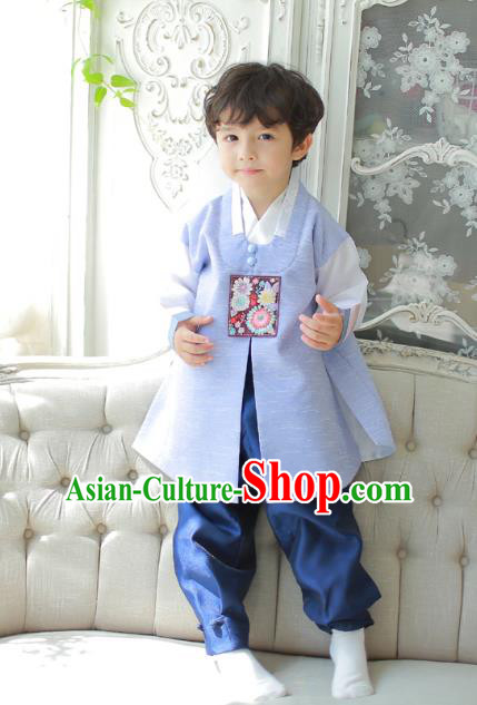 Asian Korean National Traditional Handmade Formal Occasions Boys Embroidered Blue Vest Hanbok Costume Complete Set for Kids