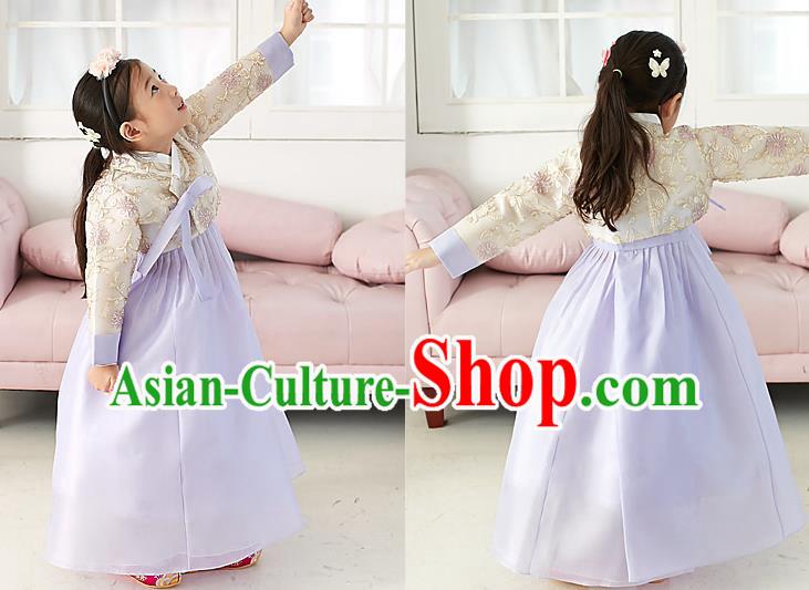 Traditional Korean National Handmade Formal Occasions Girls Palace Hanbok Costume Embroidered Yellow Blouse and Purple Dress for Kids
