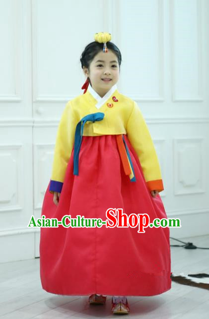 Traditional Korean National Handmade Formal Occasions Girls Clothing Palace Hanbok Costume Embroidered Yellow Blouse and Red Dress for Kids