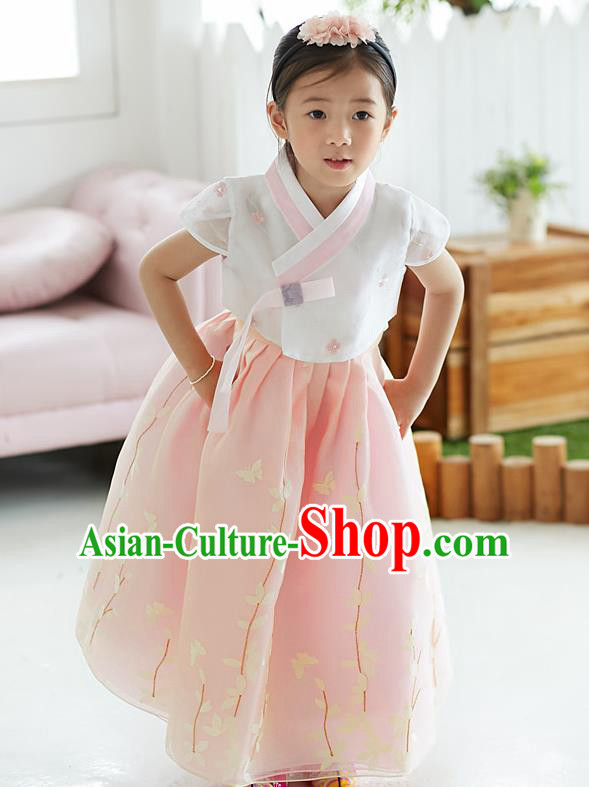 Traditional Korean National Handmade Formal Occasions Girls Palace Hanbok Costume Embroidered White Blouse and Pink Dress for Kids