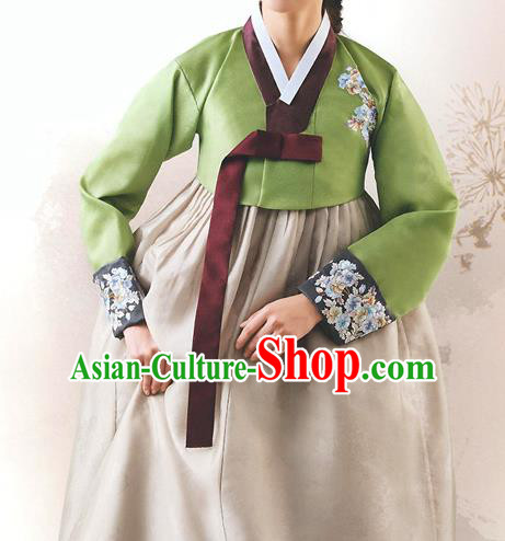 Top Grade Korean National Handmade Wedding Palace Bride Hanbok Costume Embroidered Green Blouse and Grey Dress for Women