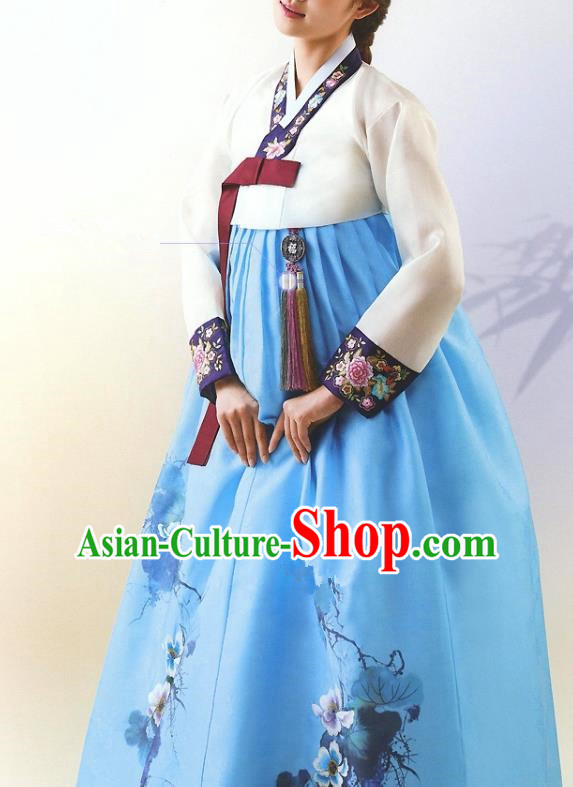 Top Grade Korean National Handmade Wedding Palace Bride Hanbok Costume Embroidered White Blouse and Blue Dress for Women