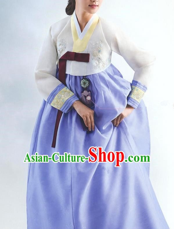 Top Grade Korean National Handmade Wedding Palace Bride Hanbok Costume Embroidered White Blouse and Blue Dress for Women