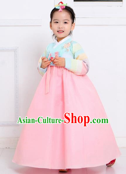 Top Grade Korean National Handmade Wedding Palace Bride Hanbok Costume Embroidered Green Blouse and Pink Dress for Kids