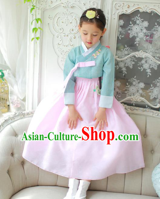 Traditional Korean National Handmade Formal Occasions Girls Clothing Palace Hanbok Costume Embroidered Green Blouse and Pink Dress for Kids