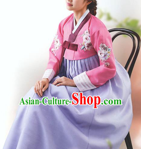 Top Grade Korean National Handmade Wedding Palace Bride Hanbok Costume Embroidered Pink Blouse and Purple Dress for Women