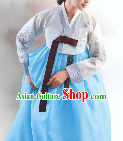 Top Grade Korean National Handmade Wedding Palace Bride Hanbok Costume Embroidered White Blouse and Blue Dress for Women