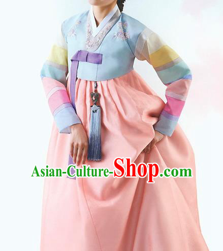 Top Grade Korean National Handmade Wedding Palace Bride Hanbok Costume Embroidered Blue Blouse and Orange Dress for Women