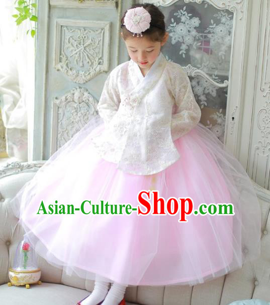 Traditional Korean National Handmade Formal Occasions Girls Clothing Palace Hanbok Costume Embroidered White Lace Blouse and Pink Dress for Kids