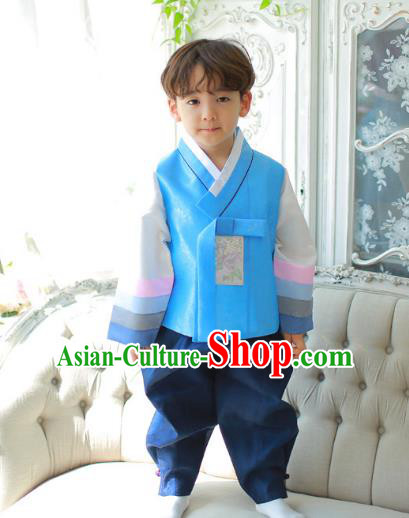 Asian Korean National Traditional Handmade Formal Occasions Boys Embroidery Blue Vest Hanbok Costume Complete Set for Kids