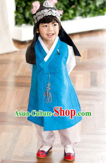 Asian Korean National Traditional Handmade Formal Occasions Boys Embroidery Blue Vest Hanbok Costume Complete Set for Kids