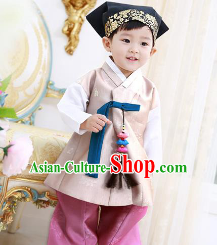 Asian Korean National Traditional Handmade Formal Occasions Boys Embroidery Beige Vest Hanbok Costume Complete Set for Kids