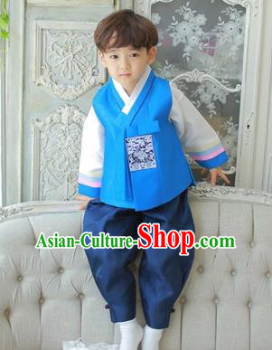 Asian Korean National Traditional Handmade Formal Occasions Boys Embroidery Blue Vest Hanbok Costume Complete Set for Kids