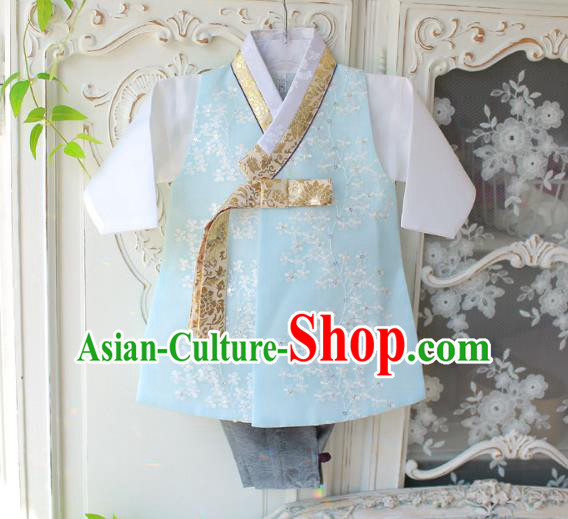 Asian Korean National Traditional Handmade Formal Occasions Boys Embroidery Green Vest Hanbok Costume Complete Set for Kids