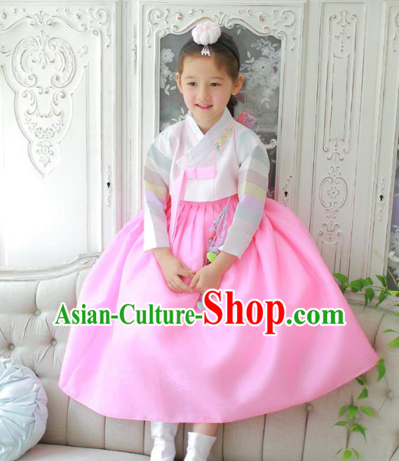 Traditional Korean National Handmade Formal Occasions Girls Clothing Palace Hanbok Costume Embroidered Pink Blouse and Pink Veil Dress for Kids