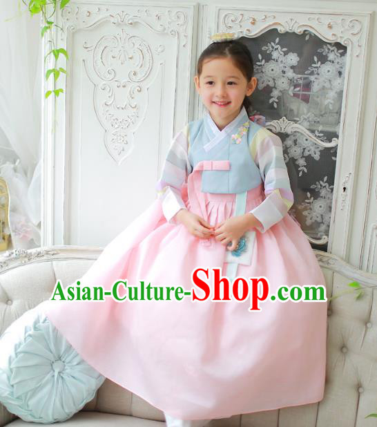 Traditional Korean National Handmade Formal Occasions Girls Clothing Palace Hanbok Costume Embroidered Blue Blouse and Pink Veil Dress for Kids