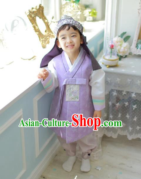 Asian Korean National Traditional Handmade Formal Occasions Boys Embroidery Purple Vest Hanbok Costume Complete Set for Kids