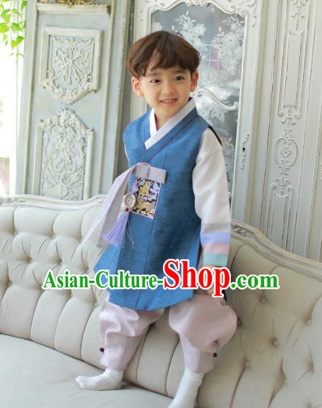 Asian Korean National Traditional Handmade Formal Occasions Boys Embroidery Deep Blue Vest Hanbok Costume Complete Set for Kids