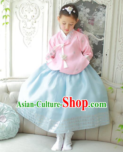 Traditional Korean National Handmade Formal Occasions Girls Clothing Palace Hanbok Costume Embroidered Pink Blouse and Blue Dress for Kids