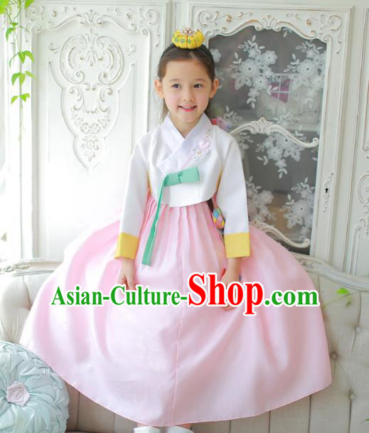 Traditional Korean National Handmade Formal Occasions Girls Clothing Palace Hanbok Costume Embroidered White Blouse and Pink Dress for Kids