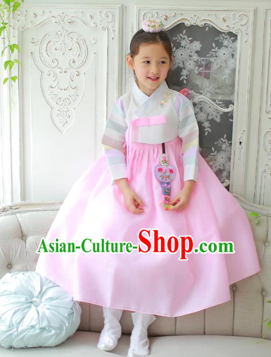 Traditional Korean National Handmade Formal Occasions Girls Clothing Palace Hanbok Costume Embroidered White Blouse and Pink Dress for Kids