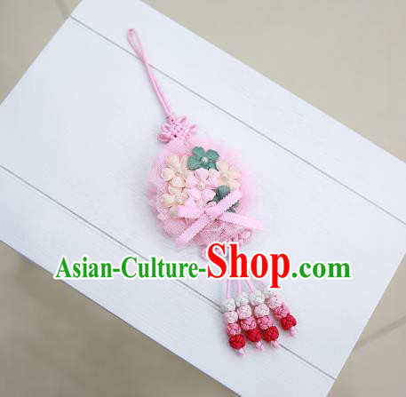 Asian Korean Hanbok Pink Flowers Tassel Waist Decorations, Korean National Belts Accessories Wedding Bride Waist Pendant for Women