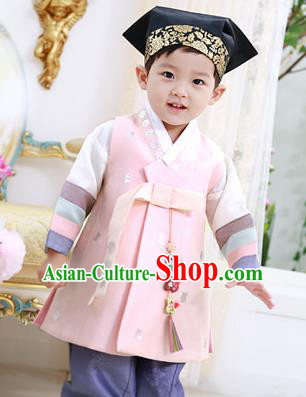 Traditional Asian Korean National Handmade Formal Occasions Boys Embroidery Pink Vest Hanbok Costume Complete Set for Kids