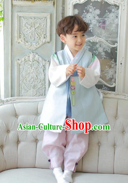 Traditional Asian Korean National Handmade Formal Occasions Boys Embroidery Green Vest Hanbok Costume Complete Set for Kids