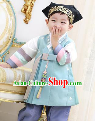 Traditional Asian Korean National Handmade Formal Occasions Boys Embroidery Green Vest Hanbok Costume Complete Set for Kids