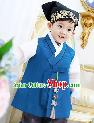 Traditional Asian Korean National Handmade Formal Occasions Boys Embroidery Blue Vest Hanbok Costume Complete Set for Kids