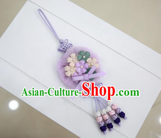 Asian Korean Hanbok Purple Flowers Tassel Waist Decorations, Korean National Belts Accessories Wedding Bride Waist Pendant for Women