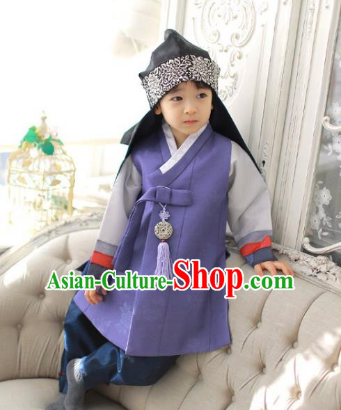 Asian Korean National Traditional Handmade Formal Occasions Boys Embroidery Purple Vest Hanbok Costume Complete Set for Kids