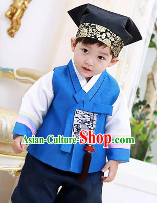 Asian Korean National Traditional Handmade Formal Occasions Boys Embroidery Blue Vest Hanbok Costume Complete Set for Kids