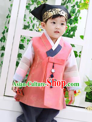 Asian Korean National Traditional Handmade Formal Occasions Boys Embroidery Pink Vest Hanbok Costume Complete Set for Kids