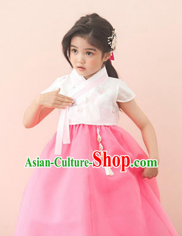 Traditional Korean National Handmade Formal Occasions Girls Palace Hanbok Costume Embroidered White Blouse and Pink Dress for Kids