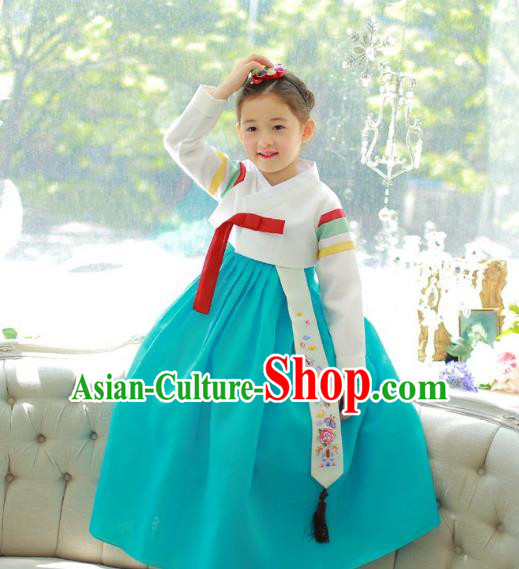 Traditional Korean National Handmade Formal Occasions Girls Palace Hanbok Costume Embroidered White Blouse and Green Dress for Kids