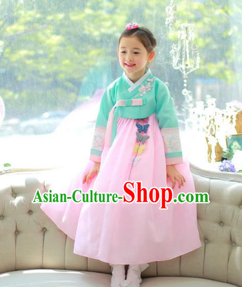 Traditional Korean National Handmade Formal Occasions Girls Palace Hanbok Costume Embroidered Green Blouse and Pink Dress for Kids