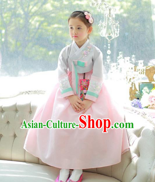 Traditional Korean National Handmade Formal Occasions Girls Palace Hanbok Costume Embroidered Grey Blouse and Pink Dress for Kids