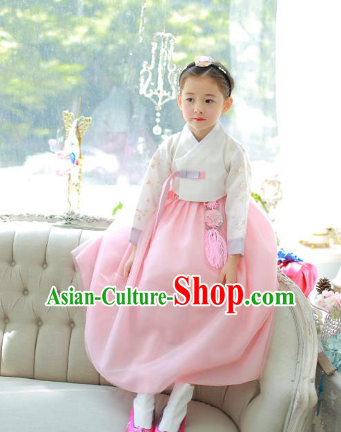 Traditional Korean National Handmade Formal Occasions Girls Palace Hanbok Costume Embroidered White Blouse and Pink Dress for Kids