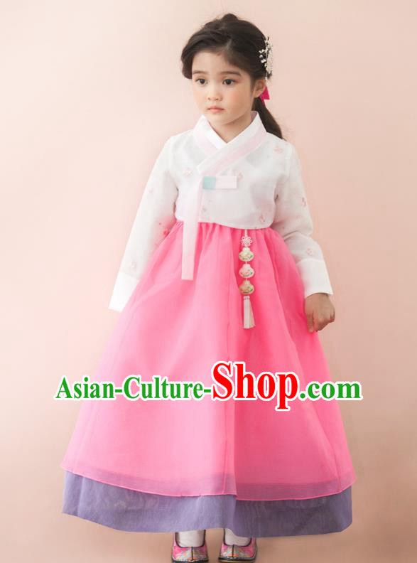 Traditional Korean National Handmade Formal Occasions Girls Palace Hanbok Costume Embroidered White Blouse and Pink Dress for Kids