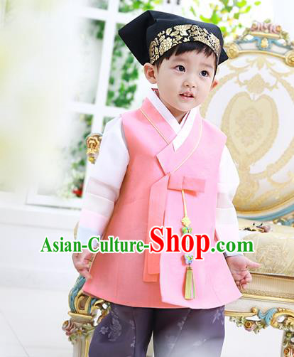 Asian Korean National Traditional Handmade Formal Occasions Boys Embroidery Clothing Pink Vest Hanbok Costume Complete Set for Kids
