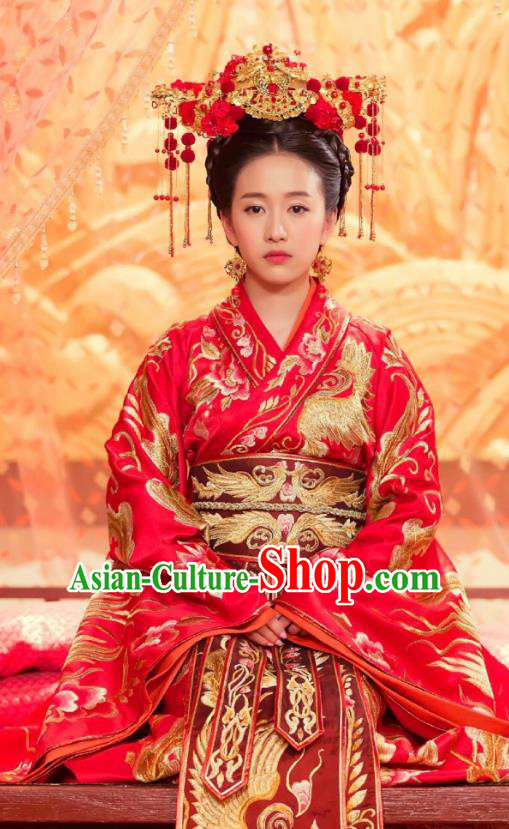 Traditional Chinese Southern and Northern Dynasties Palace Princess Wedding Costume, Chinese Ancient Bride Embroidered Red Clothing for Women