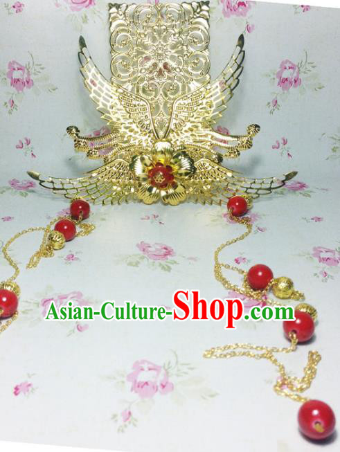 Traditional Handmade Chinese Ancient Classical Hair Accessories Royal Highness Pearls Tassel Tuinga Golden Hairdo Crown for Men