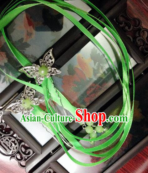 Traditional Chinese Ancient Classical Hair Accessories Butterfly Hair Clip Bride Green Ribbon Tassel Step Shake Hairpins for Women