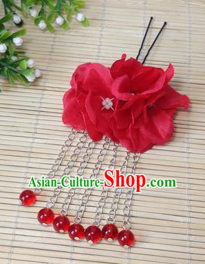 Traditional Chinese Ancient Classical Hair Accessories Red Flowers Beads Tassel Step Shake Bride Hairpins for Women