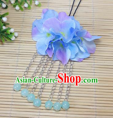 Traditional Chinese Ancient Classical Hair Accessories Light Blue Flowers Beads Tassel Step Shake Bride Hairpins for Women