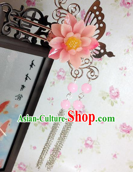 Traditional Chinese Ancient Classical Hair Accessories Hanfu Pink Flower Hair Clip Tassel Step Shake Bride Hairpins for Women
